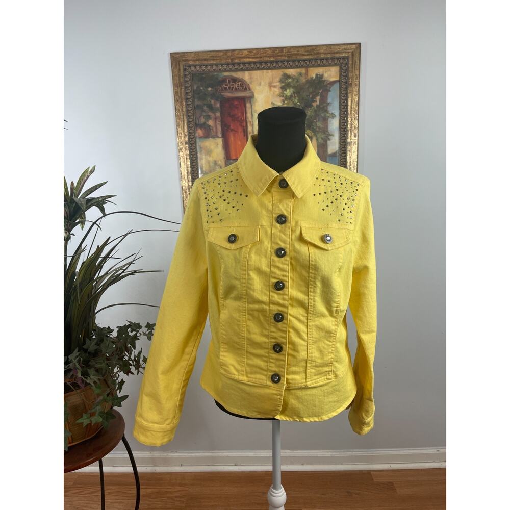 Christopher & Banks Denim Jacket Womens Medium Yellow Studded Festival Western